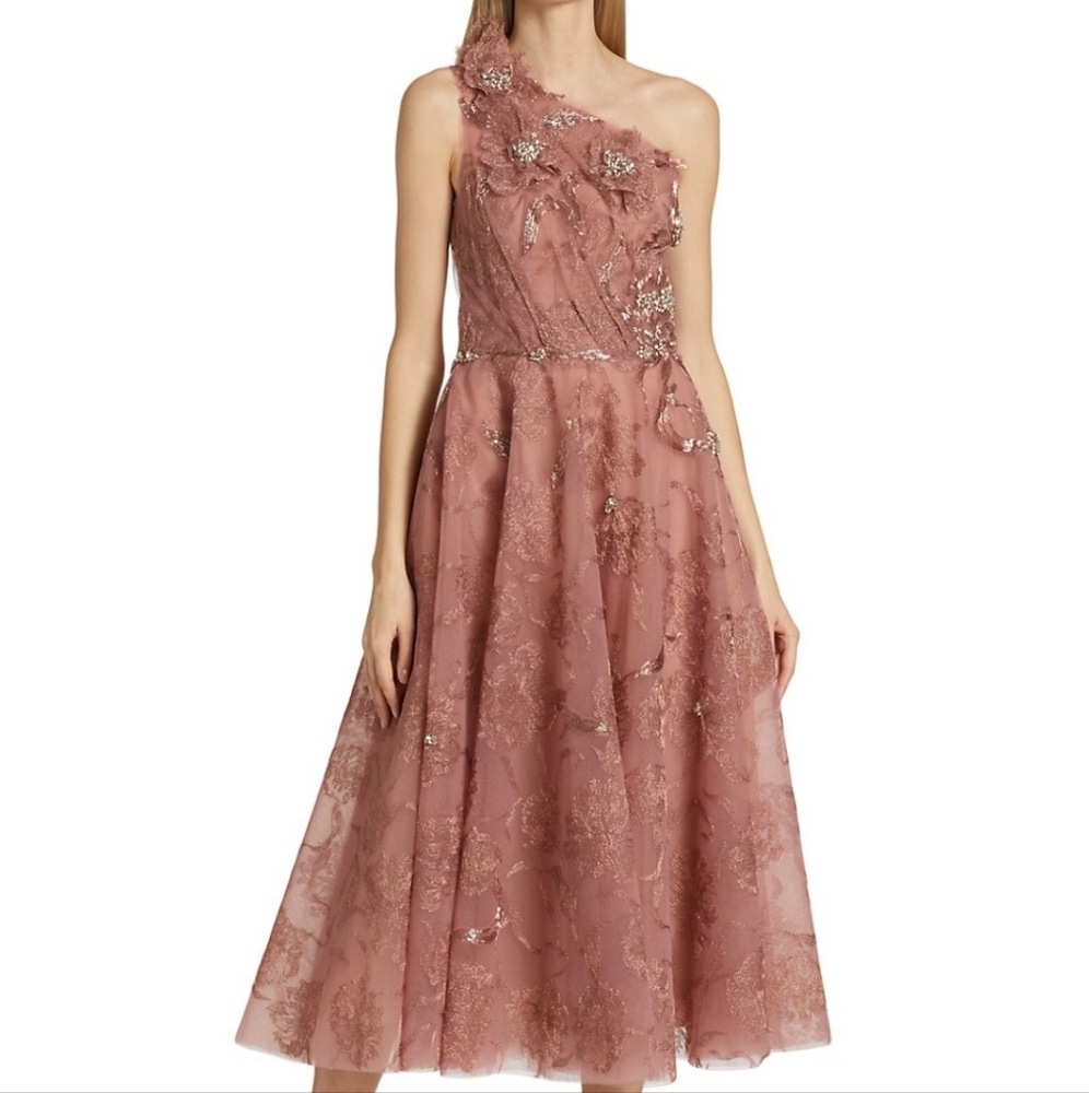 Marchesa One-Shoulder Embroidered Tulle Cocktail Dress